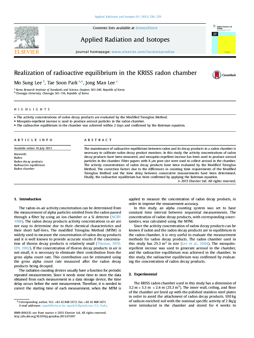 عکس صفحه اول مقاله: Realization of radioactive equilibrium in the KRISS radon chamber Realization of radioactive equilibrium in the KRISS radon chamber