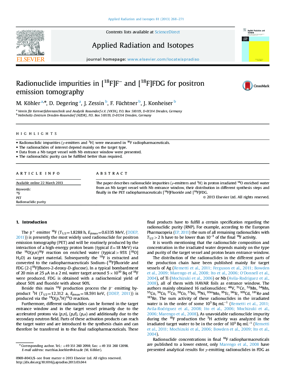 Radionuclide impurities in [18F]Fâ and [18F]FDG for positron emission tomography