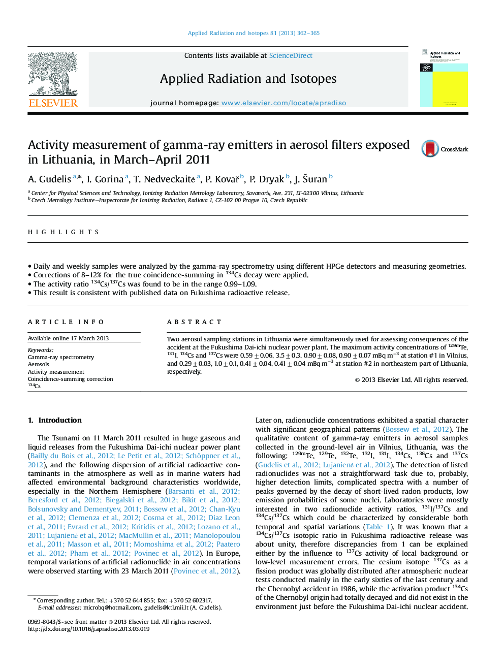 Activity measurement of gamma-ray emitters in aerosol filters exposed in Lithuania, in March–April 2011