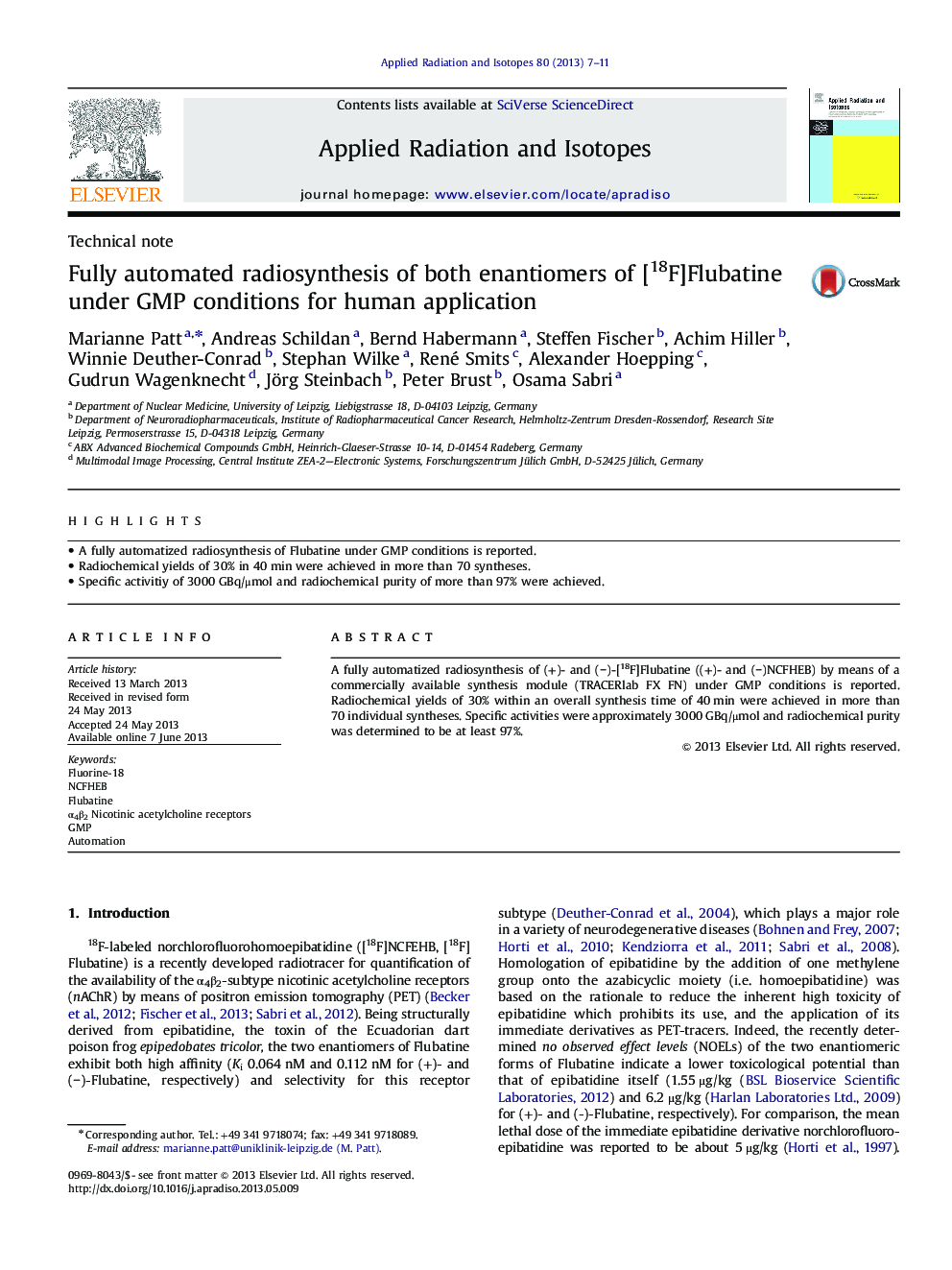 Fully automated radiosynthesis of both enantiomers of [18F]Flubatine under GMP conditions for human application