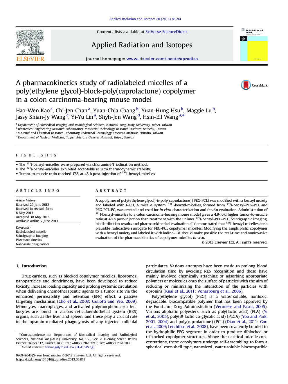 A pharmacokinetics study of radiolabeled micelles of a poly(ethylene glycol)-block-poly(caprolactone) copolymer in a colon carcinoma-bearing mouse model