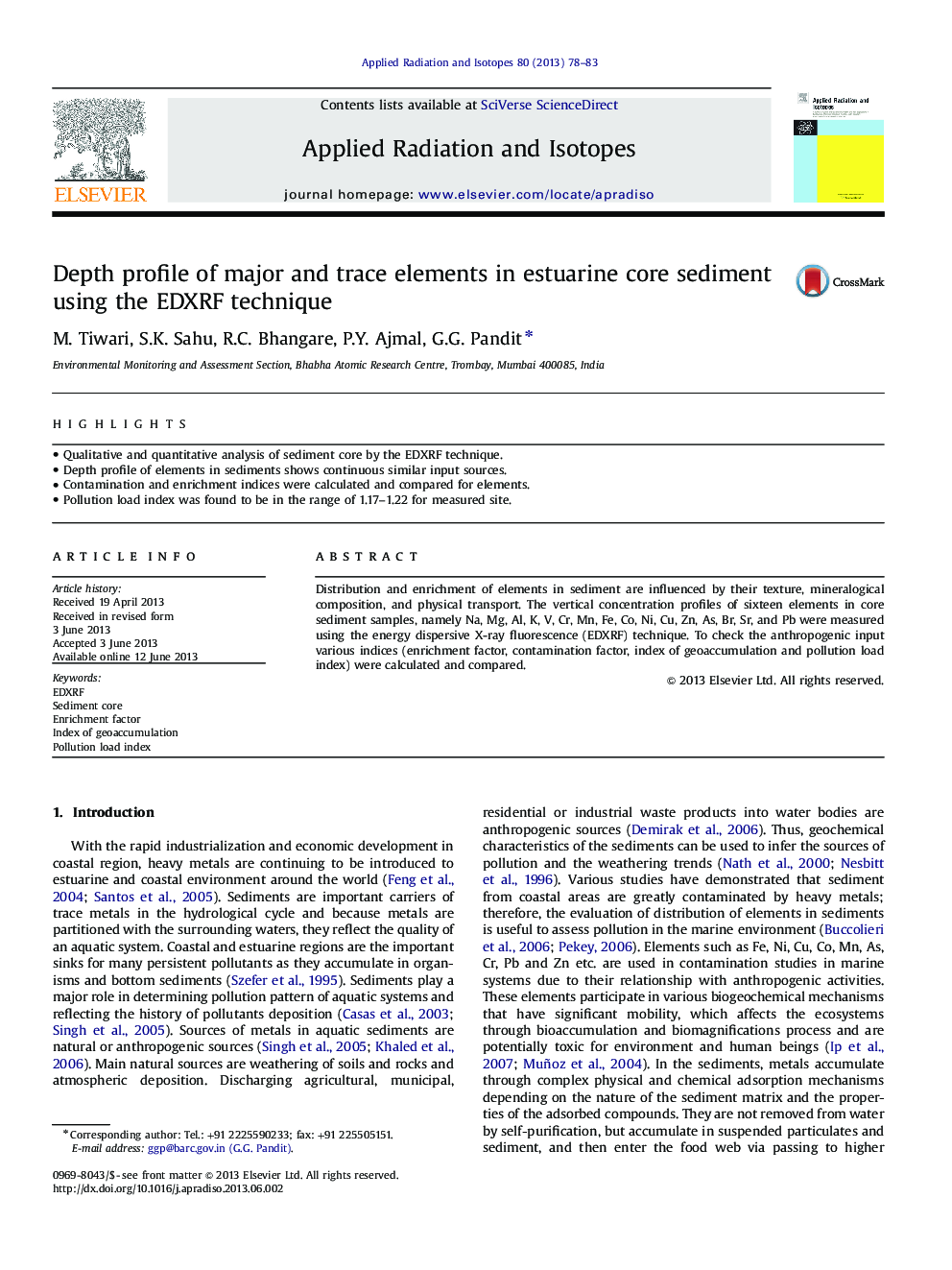 Depth profile of major and trace elements in estuarine core sediment using the EDXRF technique