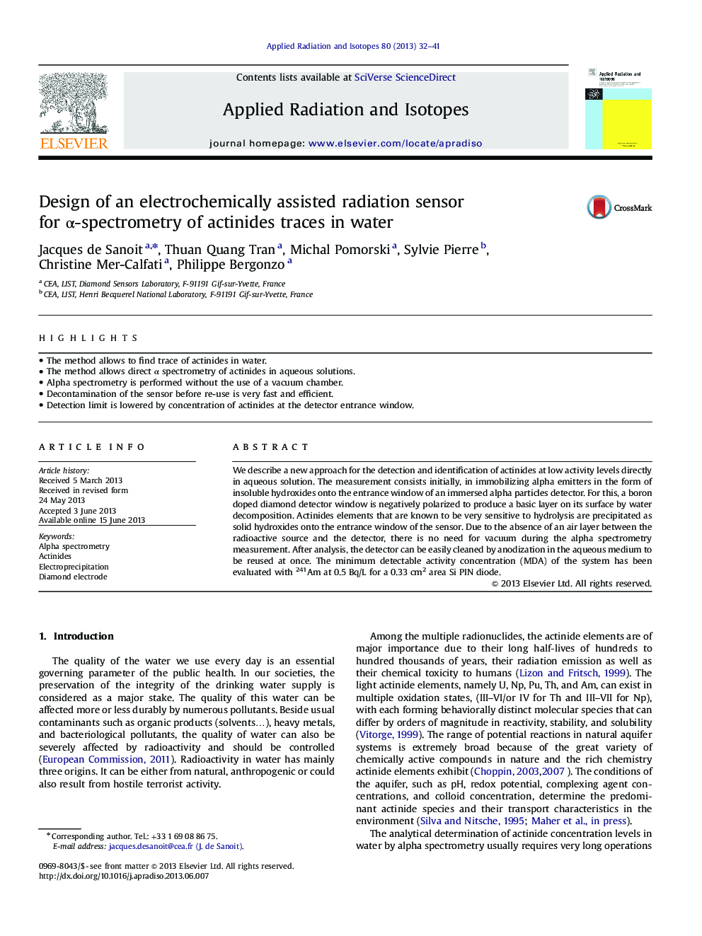 Design of an electrochemically assisted radiation sensor for α-spectrometry of actinides traces in water