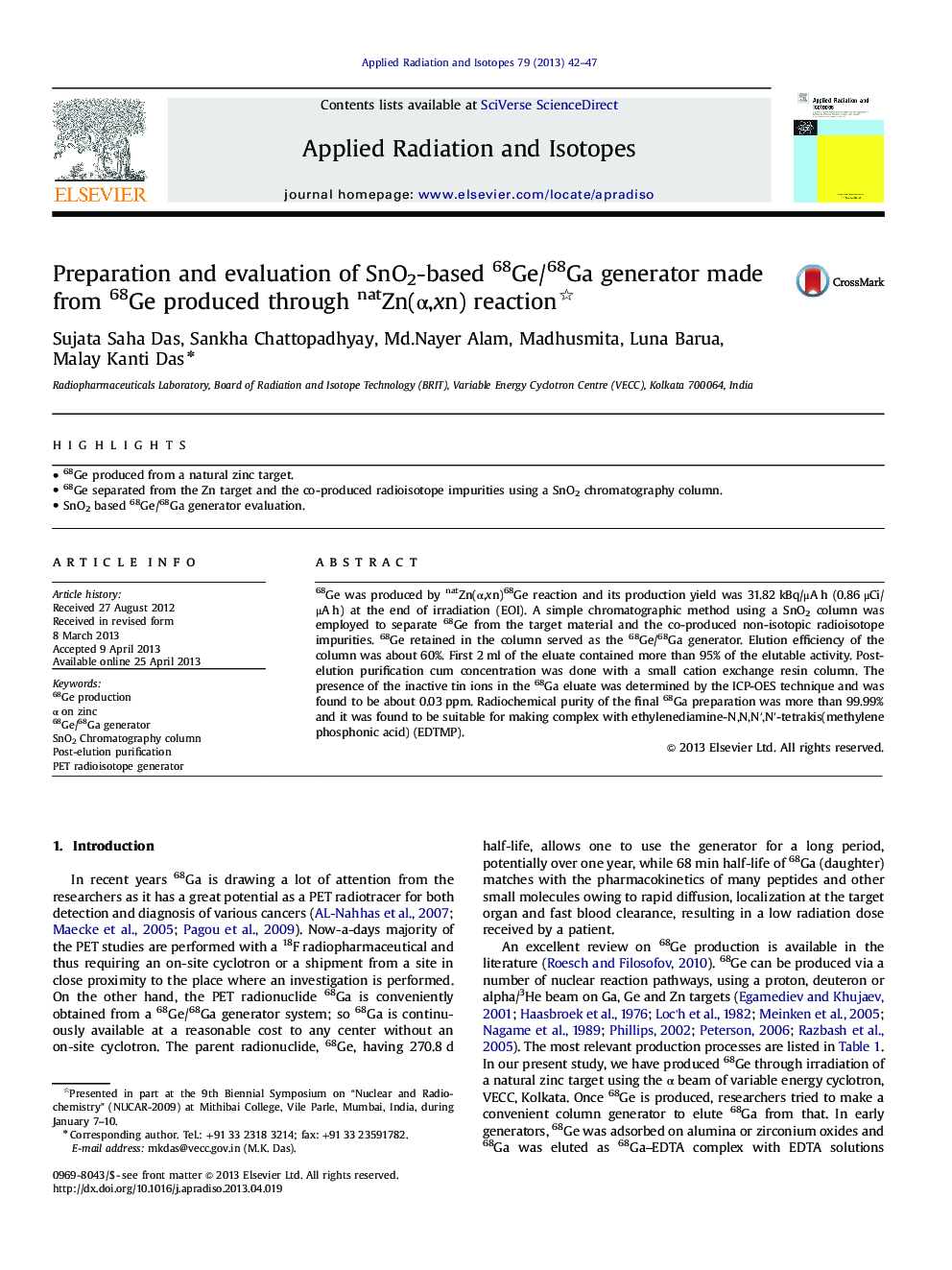 Preparation and evaluation of SnO2-based 68Ge/68Ga generator made from 68Ge produced through natZn(α,xn) reaction 