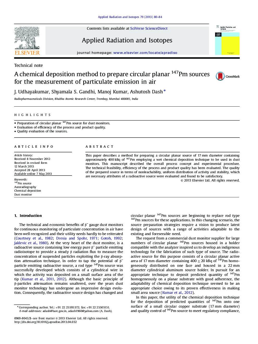 A chemical deposition method to prepare circular planar 147Pm sources for the measurement of particulate emission in air