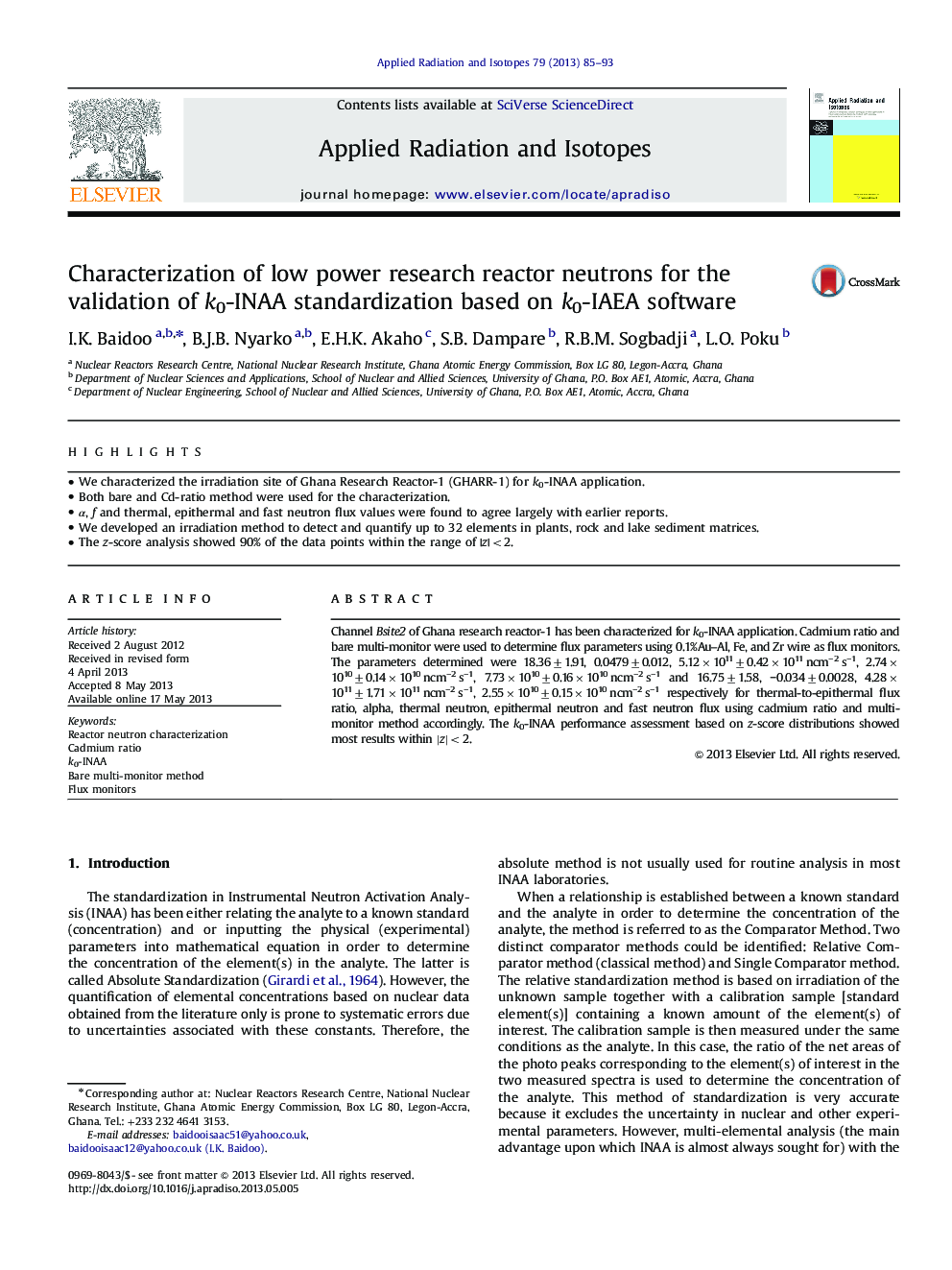 Characterization of low power research reactor neutrons for the validation of k0-INAA standardization based on k0-IAEA software