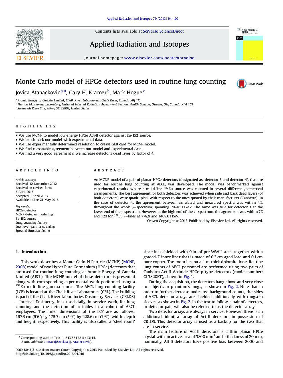 Monte Carlo model of HPGe detectors used in routine lung counting