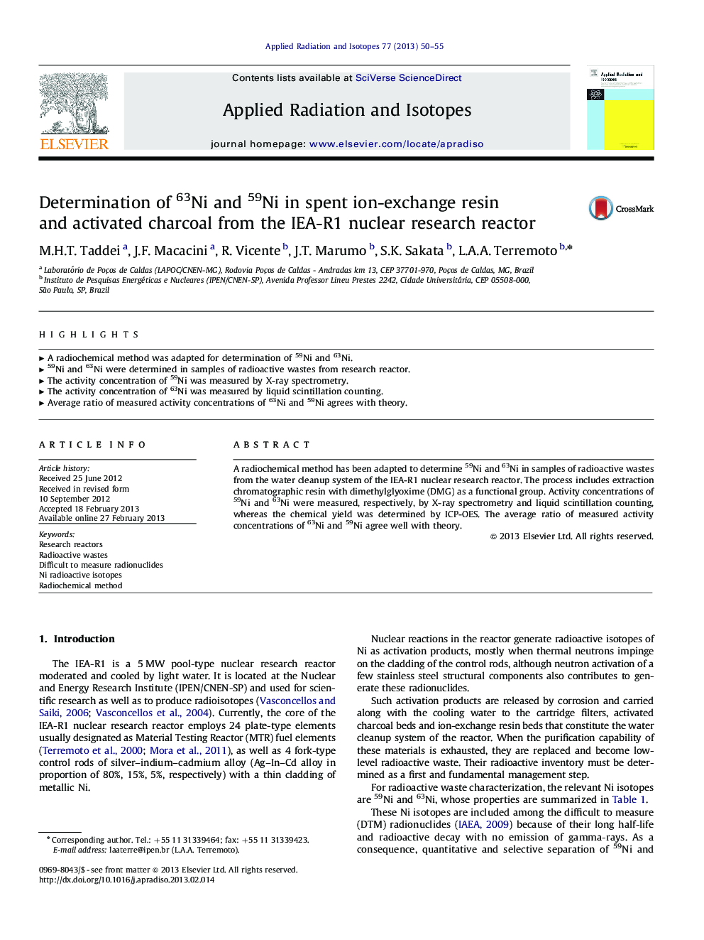 Determination of 63Ni and 59Ni in spent ion-exchange resin and activated charcoal from the IEA-R1 nuclear research reactor
