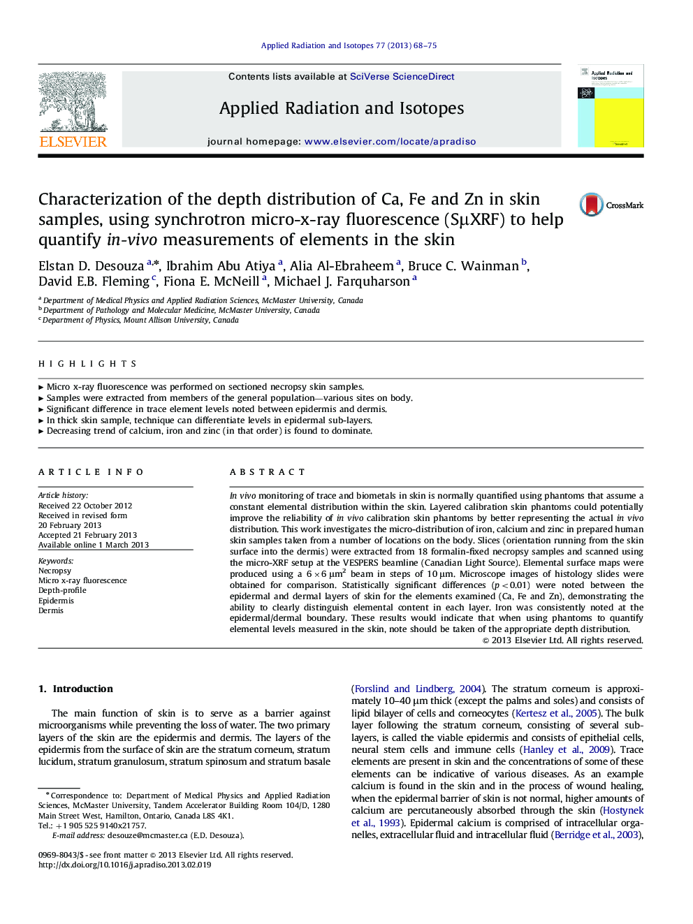 Characterization of the depth distribution of Ca, Fe and Zn in skin samples, using synchrotron micro-x-ray fluorescence (SμXRF) to help quantify in-vivo measurements of elements in the skin