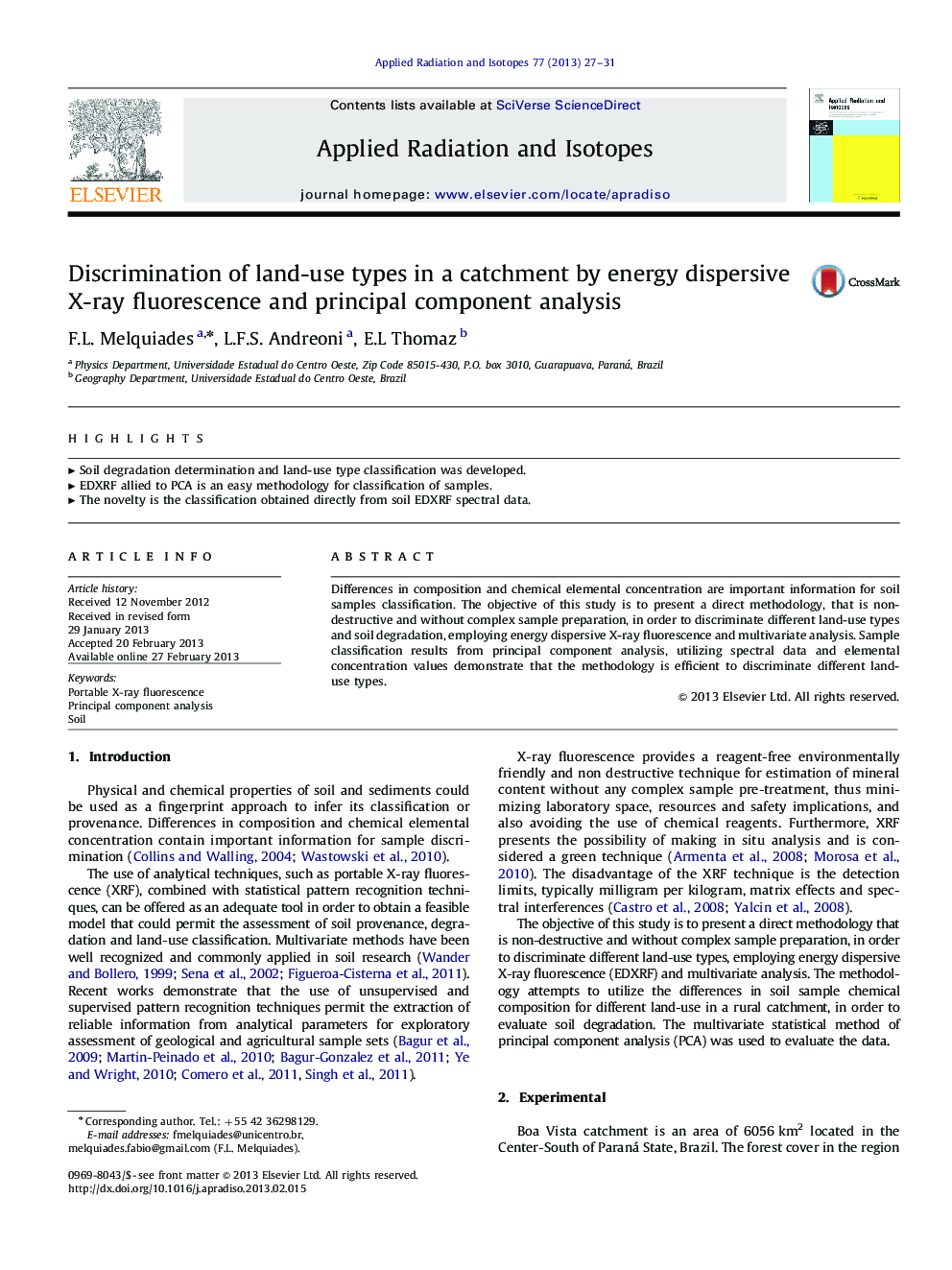 Discrimination of land-use types in a catchment by energy dispersive X-ray fluorescence and principal component analysis