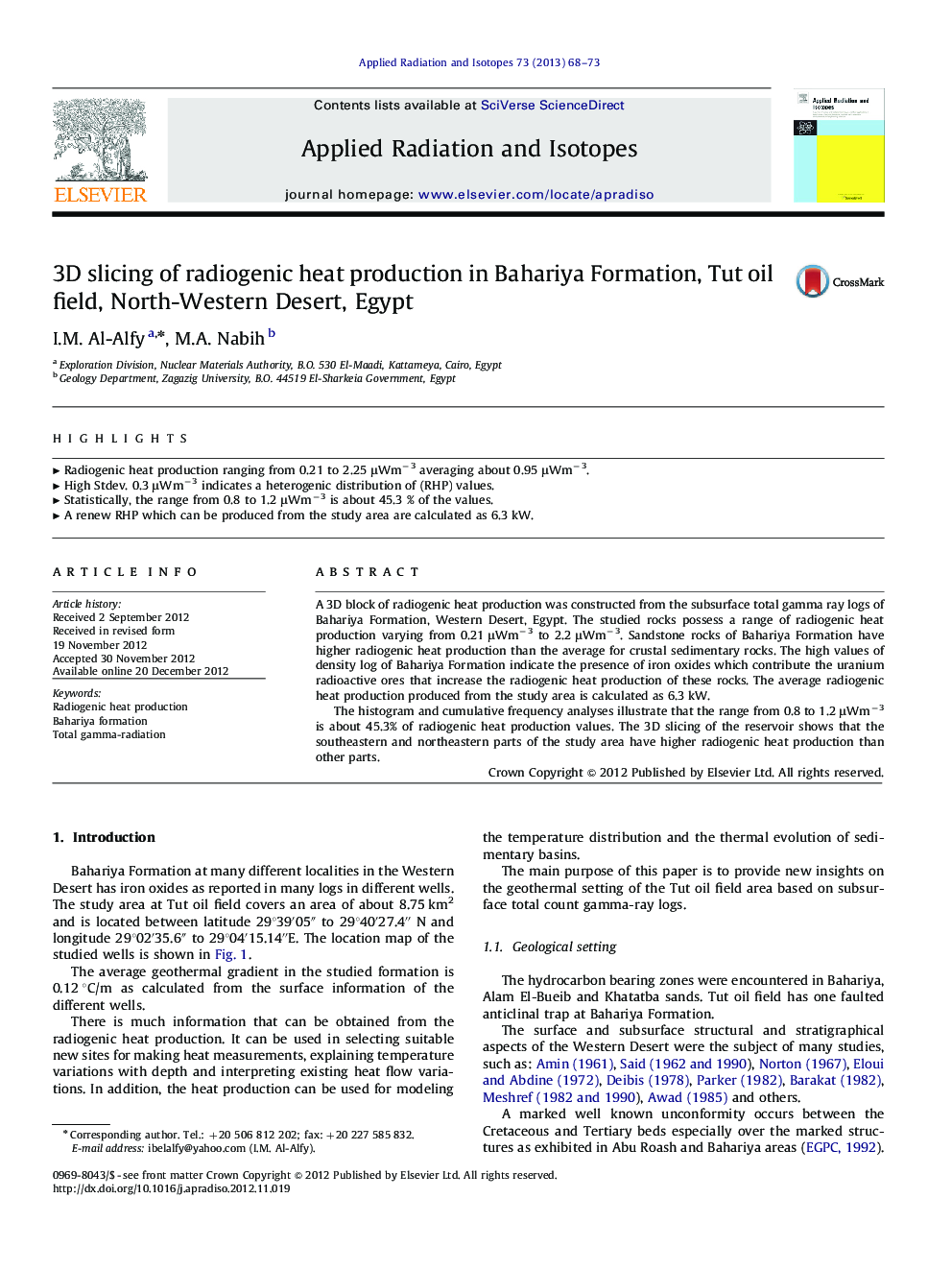 3D slicing of radiogenic heat production in Bahariya Formation, Tut oil field, North-Western Desert, Egypt