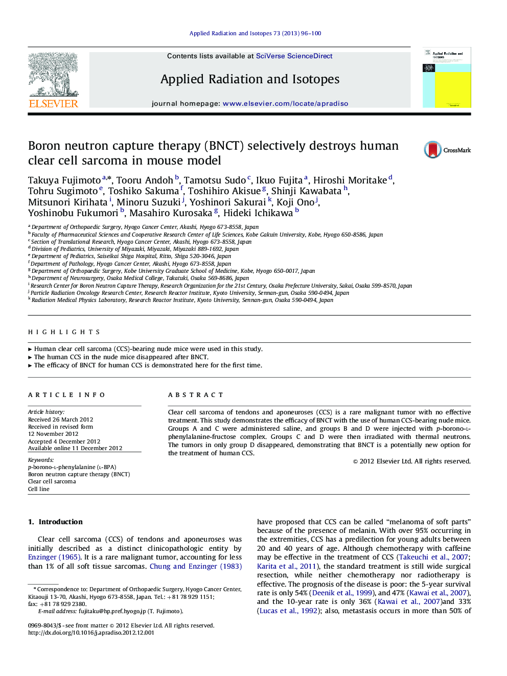 Boron neutron capture therapy (BNCT) selectively destroys human clear cell sarcoma in mouse model