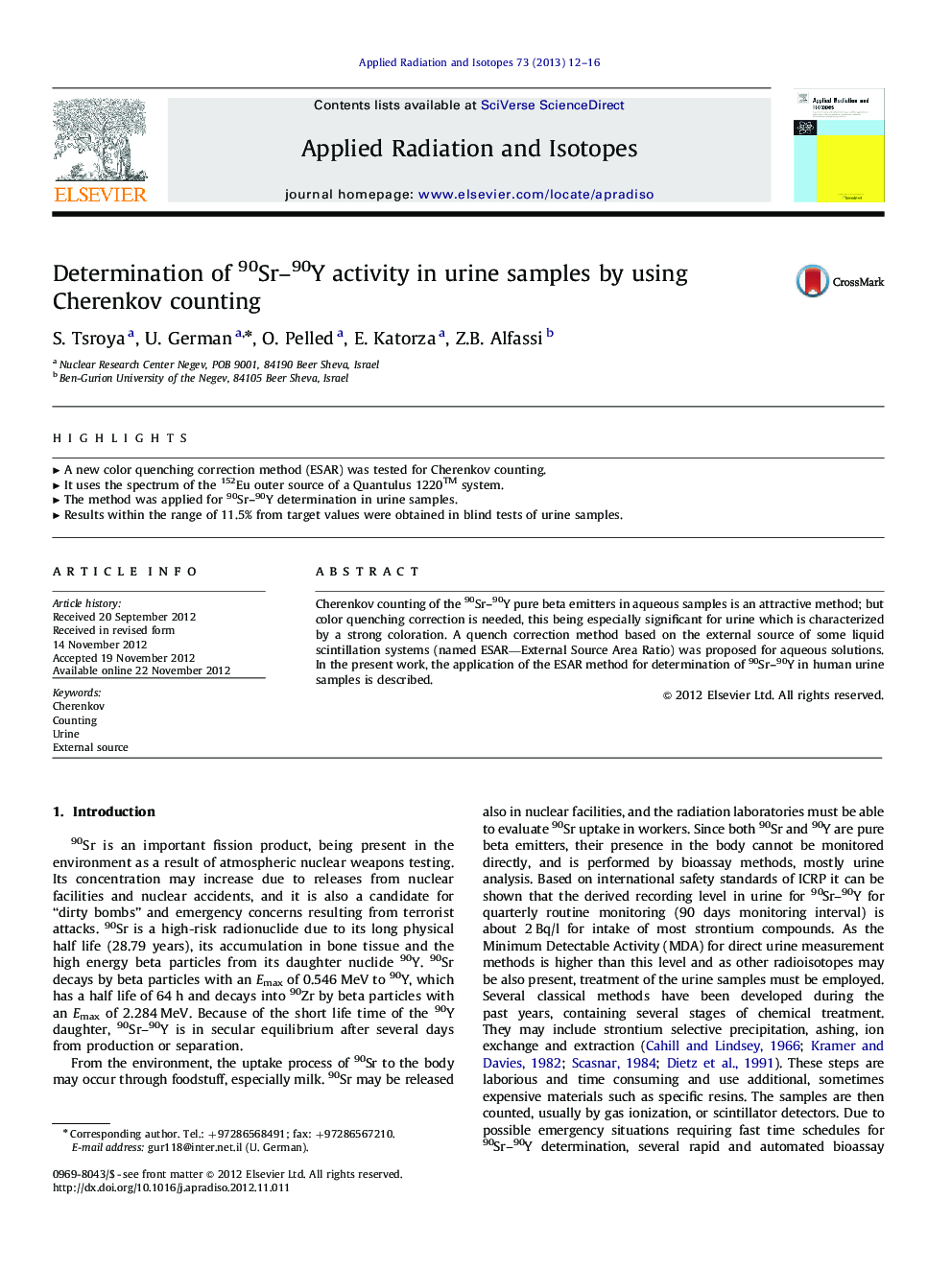 Determination of 90Sr–90Y activity in urine samples by using Cherenkov counting