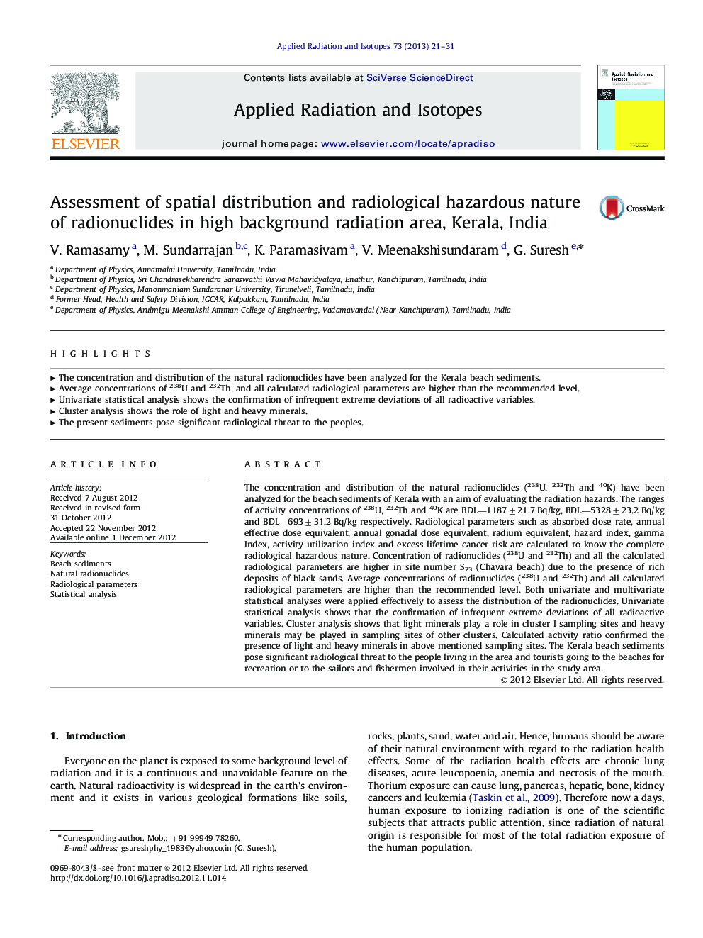 Assessment of spatial distribution and radiological hazardous nature of radionuclides in high background radiation area, Kerala, India