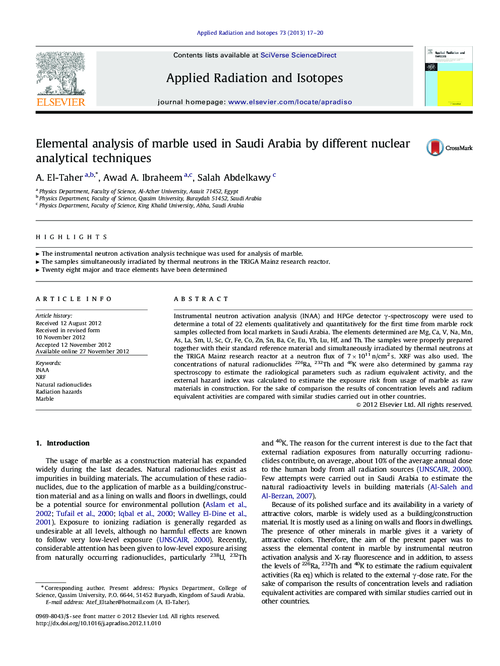 Elemental analysis of marble used in Saudi Arabia by different nuclear analytical techniques