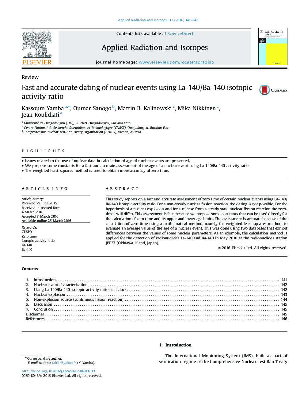 عکس صفحه اول مقاله: Fast and accurate dating of nuclear events using La-140/Ba-140 isotopic activity ratio Fast and accurate dating of nuclear events using La-140/Ba-140 isotopic activity ratio