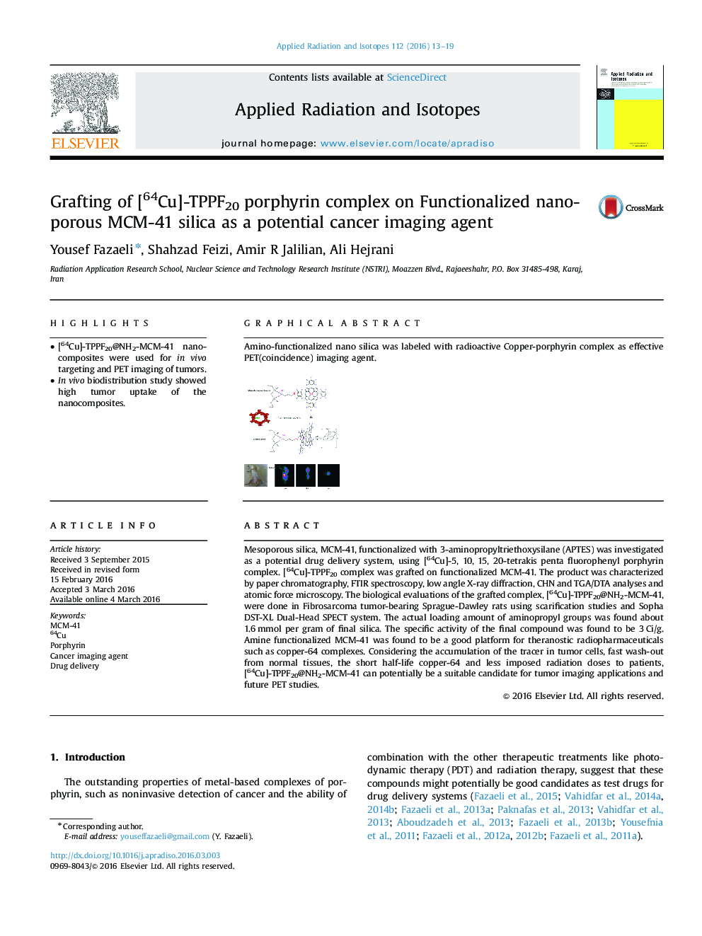 Grafting of [64Cu]-TPPF20 porphyrin complex on Functionalized nano-porous MCM-41 silica as a potential cancer imaging agent