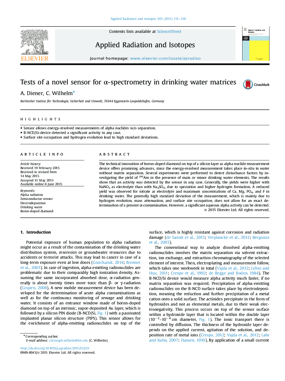 Tests of a novel sensor for Î±-spectrometry in drinking water matrices