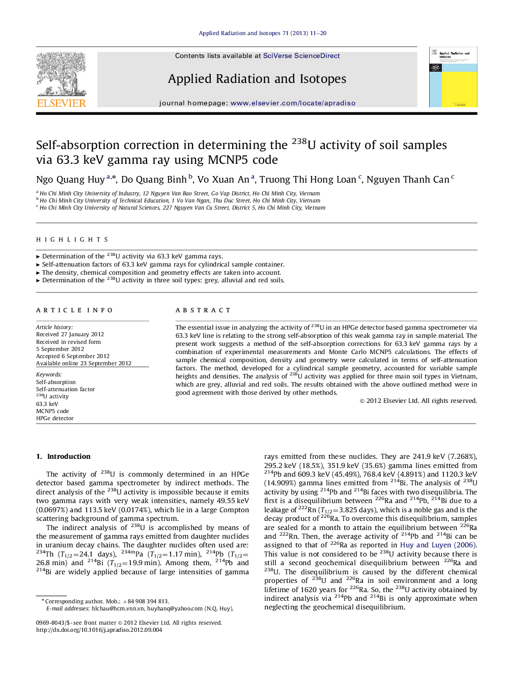 Self-absorption correction in determining the 238U activity of soil samples via 63.3 keV gamma ray using MCNP5 code