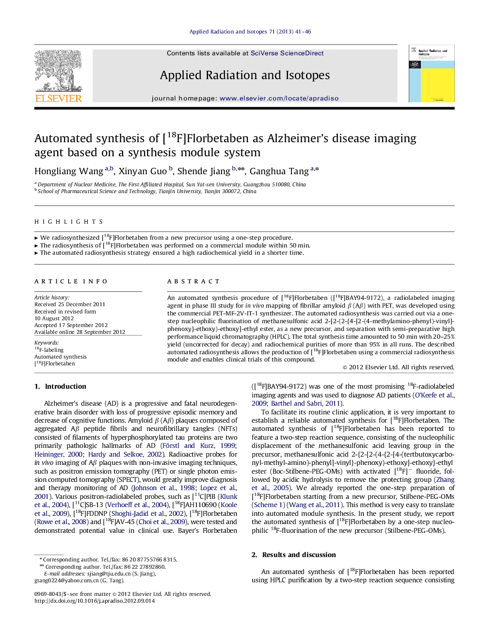 Automated synthesis of [18F]Florbetaben as Alzheimer's disease imaging agent based on a synthesis module system