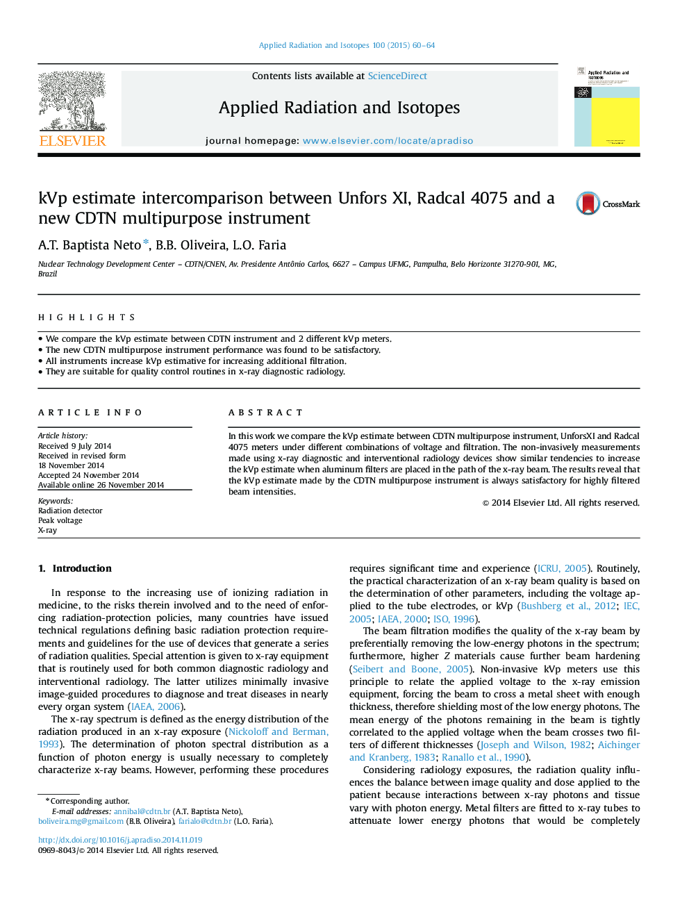 kVp estimate intercomparison between Unfors XI, Radcal 4075 and a new CDTN multipurpose instrument