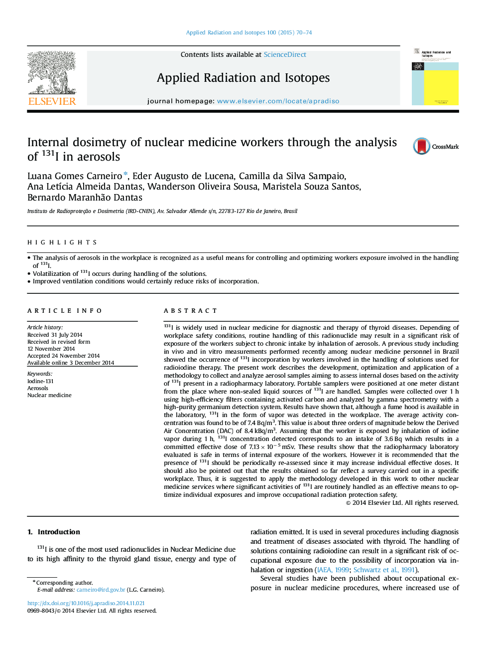 Internal dosimetry of nuclear medicine workers through the analysis of 131I in aerosols