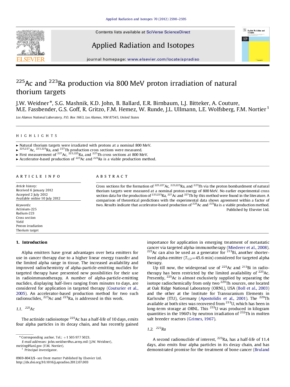 225Ac and 223Ra production via 800 MeV proton irradiation of natural thorium targets