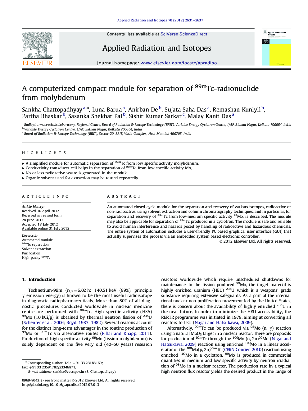 A computerized compact module for separation of 99mTc-radionuclide from molybdenum