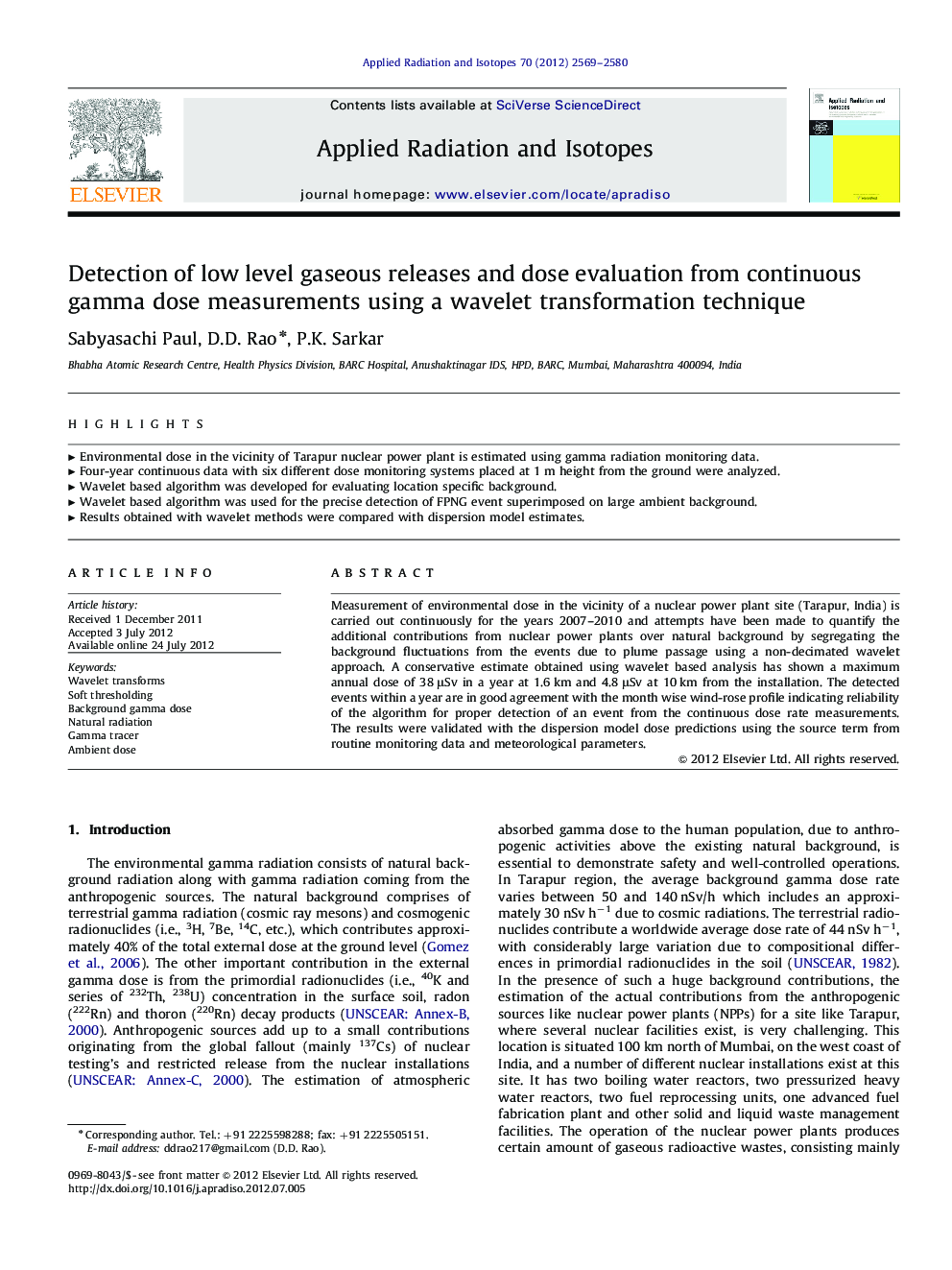 Detection of low level gaseous releases and dose evaluation from continuous gamma dose measurements using a wavelet transformation technique