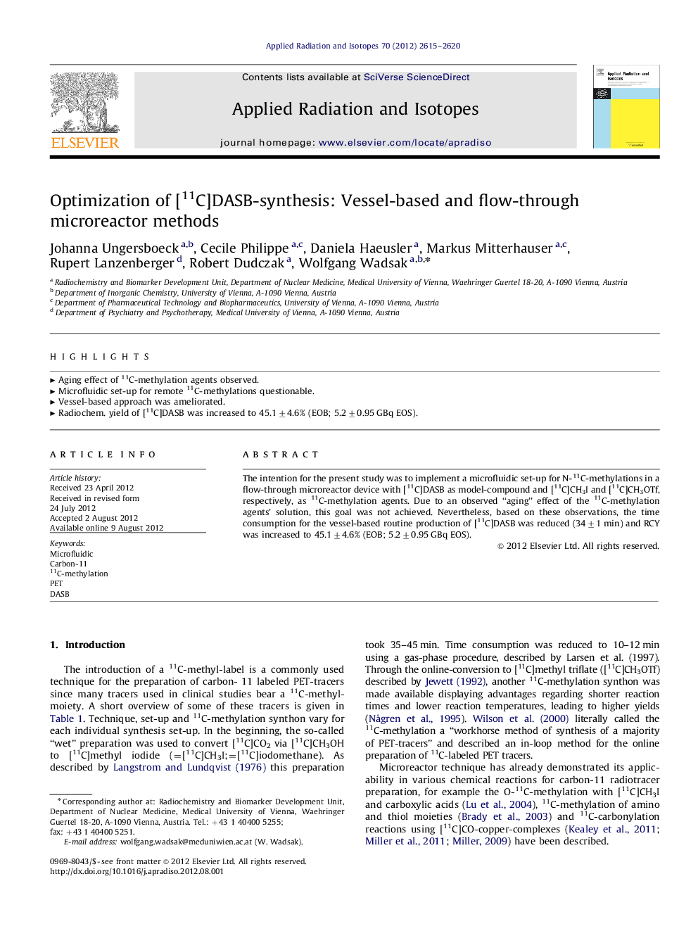 Optimization of [11C]DASB-synthesis: Vessel-based and flow-through microreactor methods