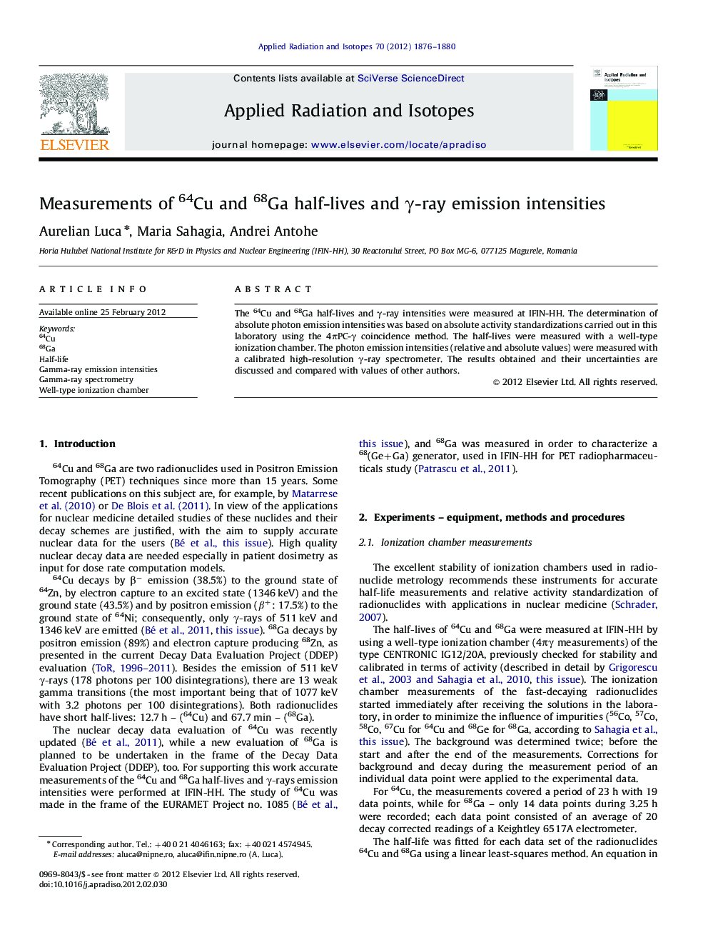 Measurements of 64Cu and 68Ga half-lives and γ-ray emission intensities