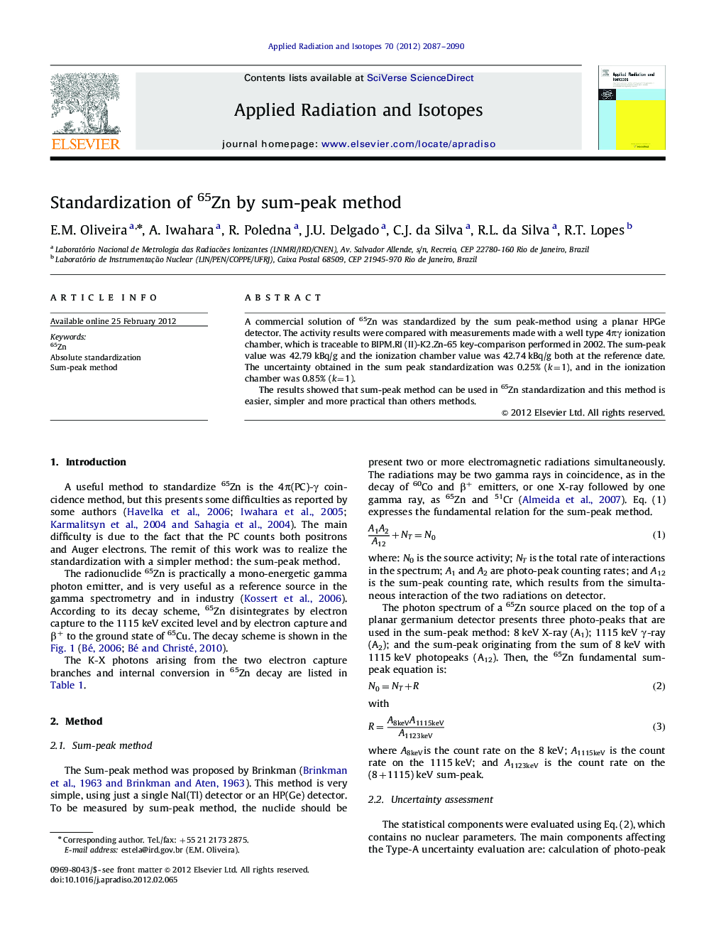 Standardization of 65Zn by sum-peak method