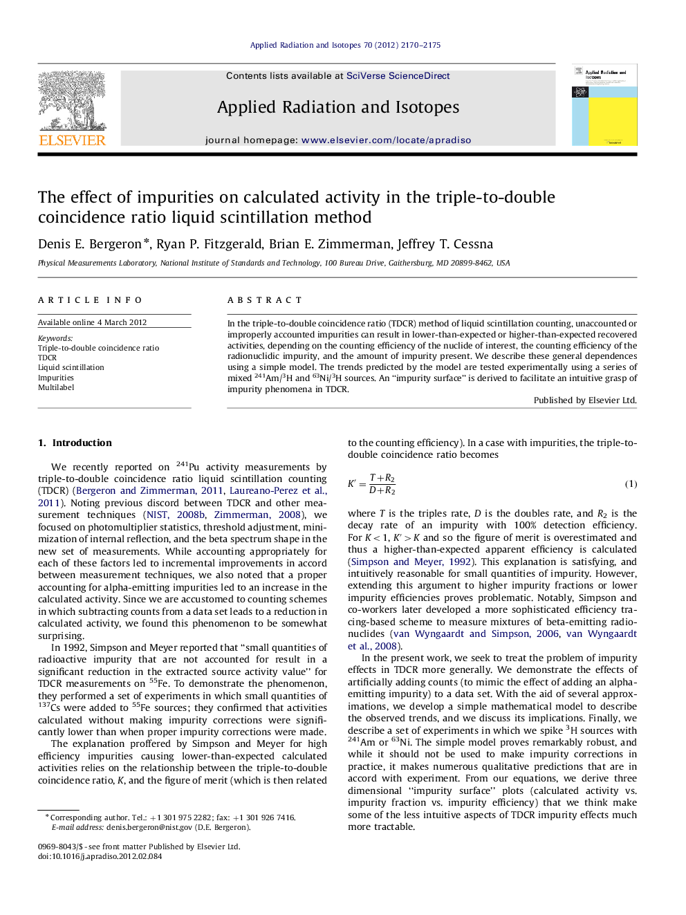 The effect of impurities on calculated activity in the triple-to-double coincidence ratio liquid scintillation method