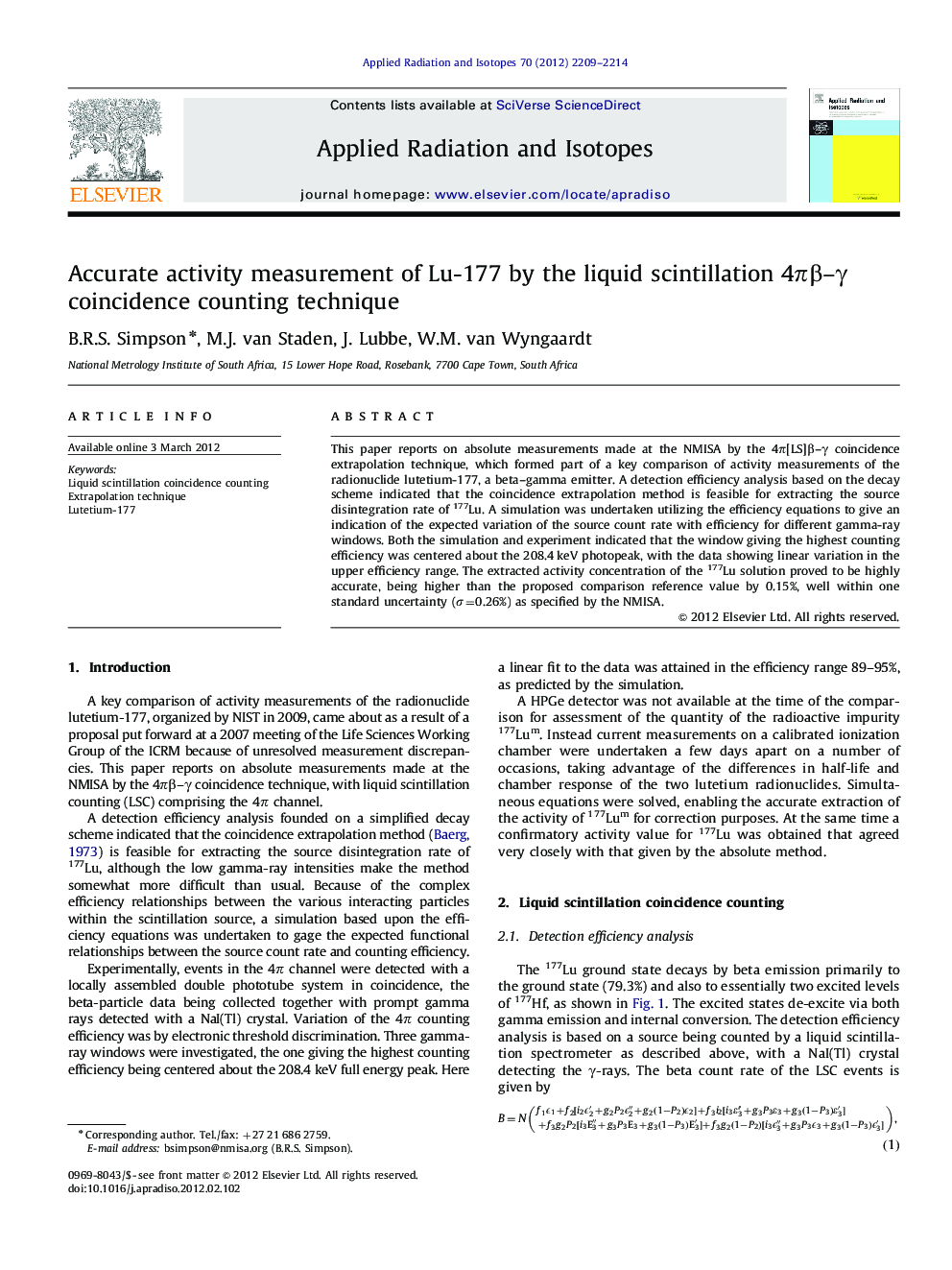 Accurate activity measurement of Lu-177 by the liquid scintillation 4ÏÎ²-Î³ coincidence counting technique