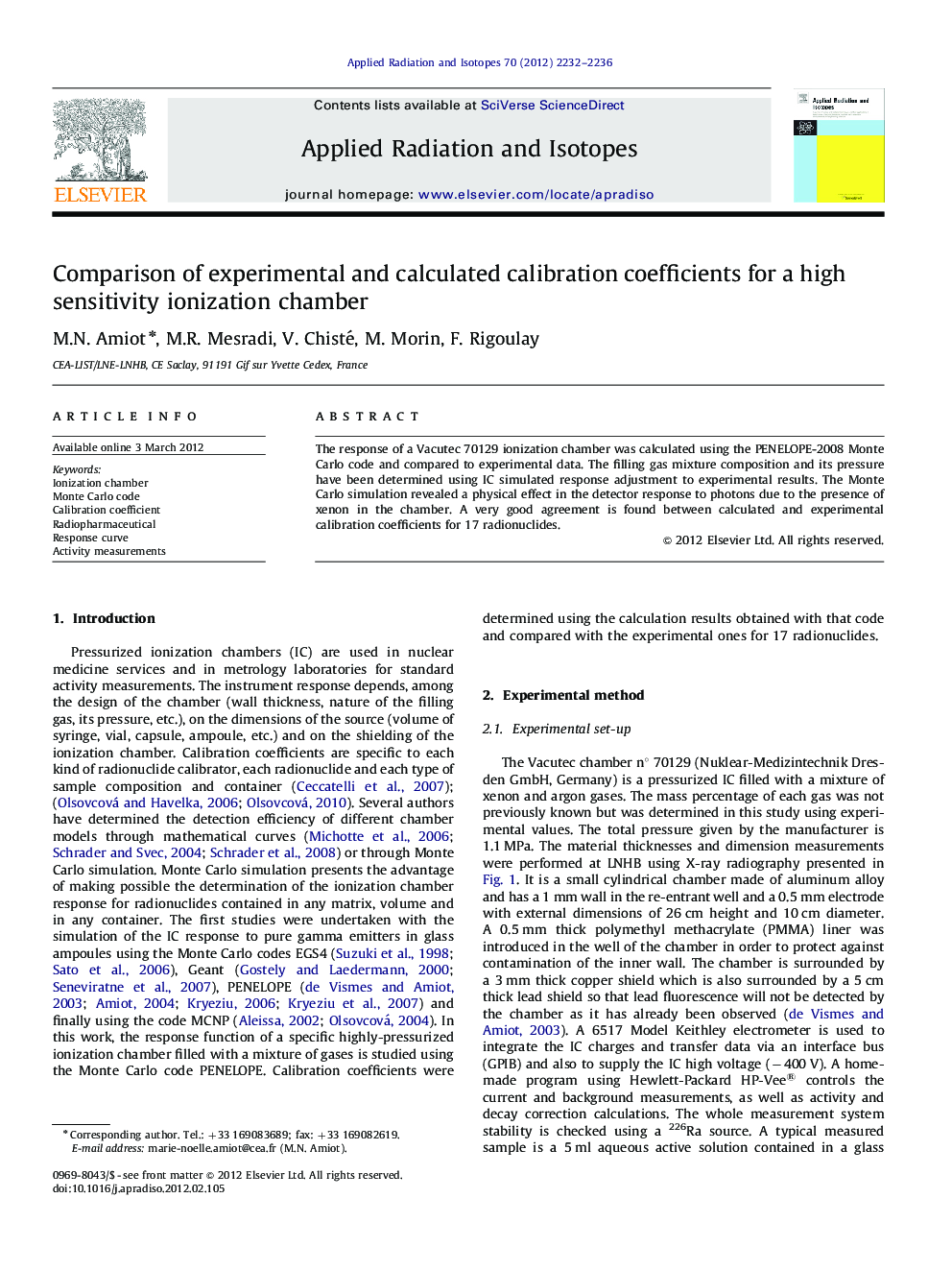 Comparison of experimental and calculated calibration coefficients for a high sensitivity ionization chamber