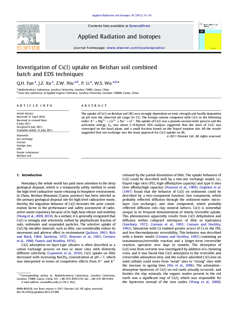 Investigation of Cs(I) uptake on Beishan soil combined batch and EDS techniques