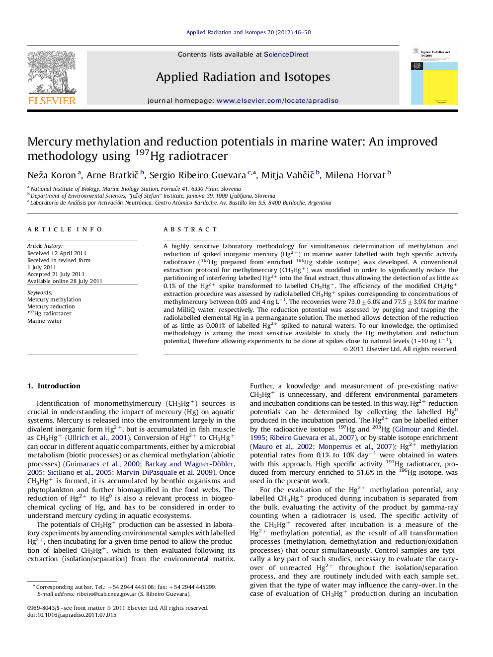 Mercury methylation and reduction potentials in marine water: An improved methodology using 197Hg radiotracer