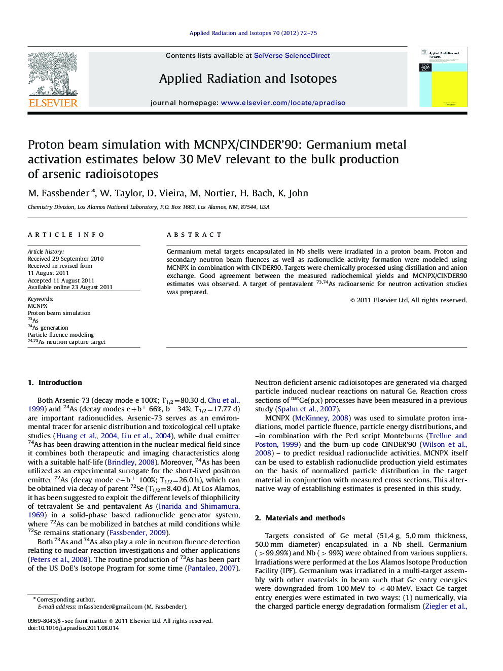 Proton beam simulation with MCNPX/CINDER'90: Germanium metal activation estimates below 30 MeV relevant to the bulk production of arsenic radioisotopes