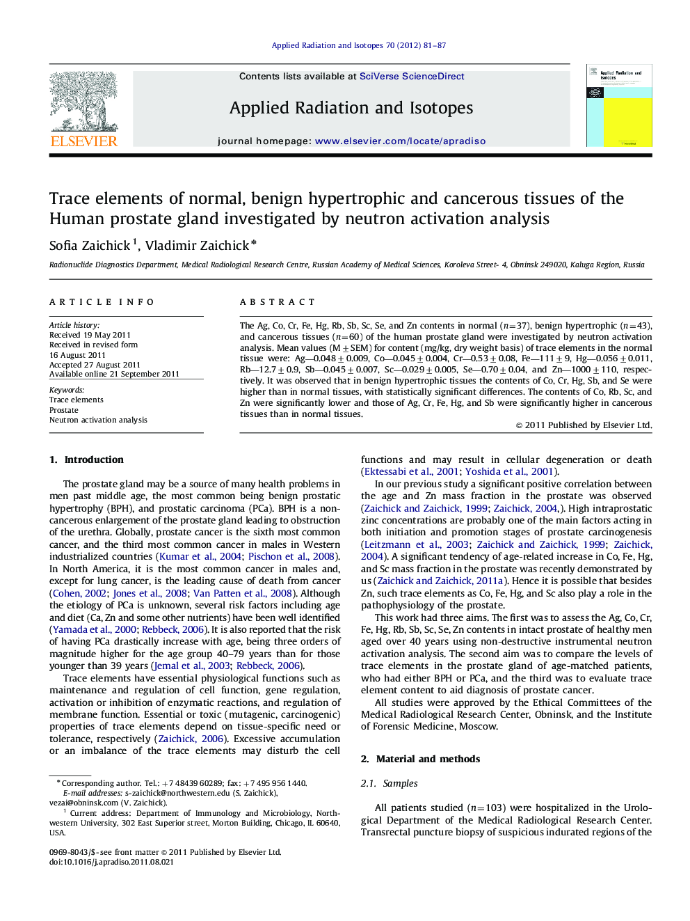 Trace elements of normal, benign hypertrophic and cancerous tissues of the Human prostate gland investigated by neutron activation analysis