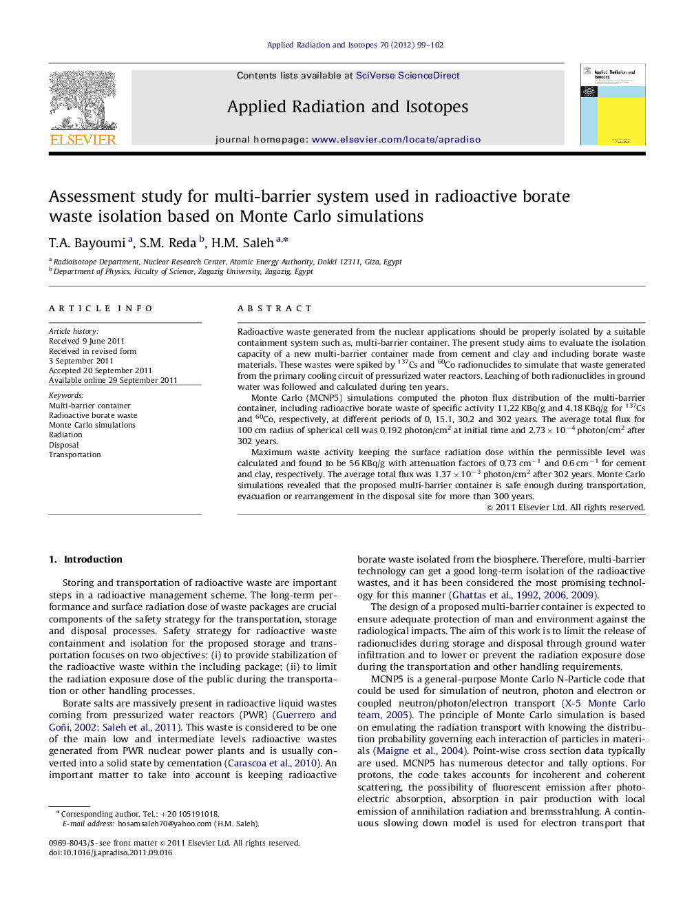 Assessment study for multi-barrier system used in radioactive borate waste isolation based on Monte Carlo simulations