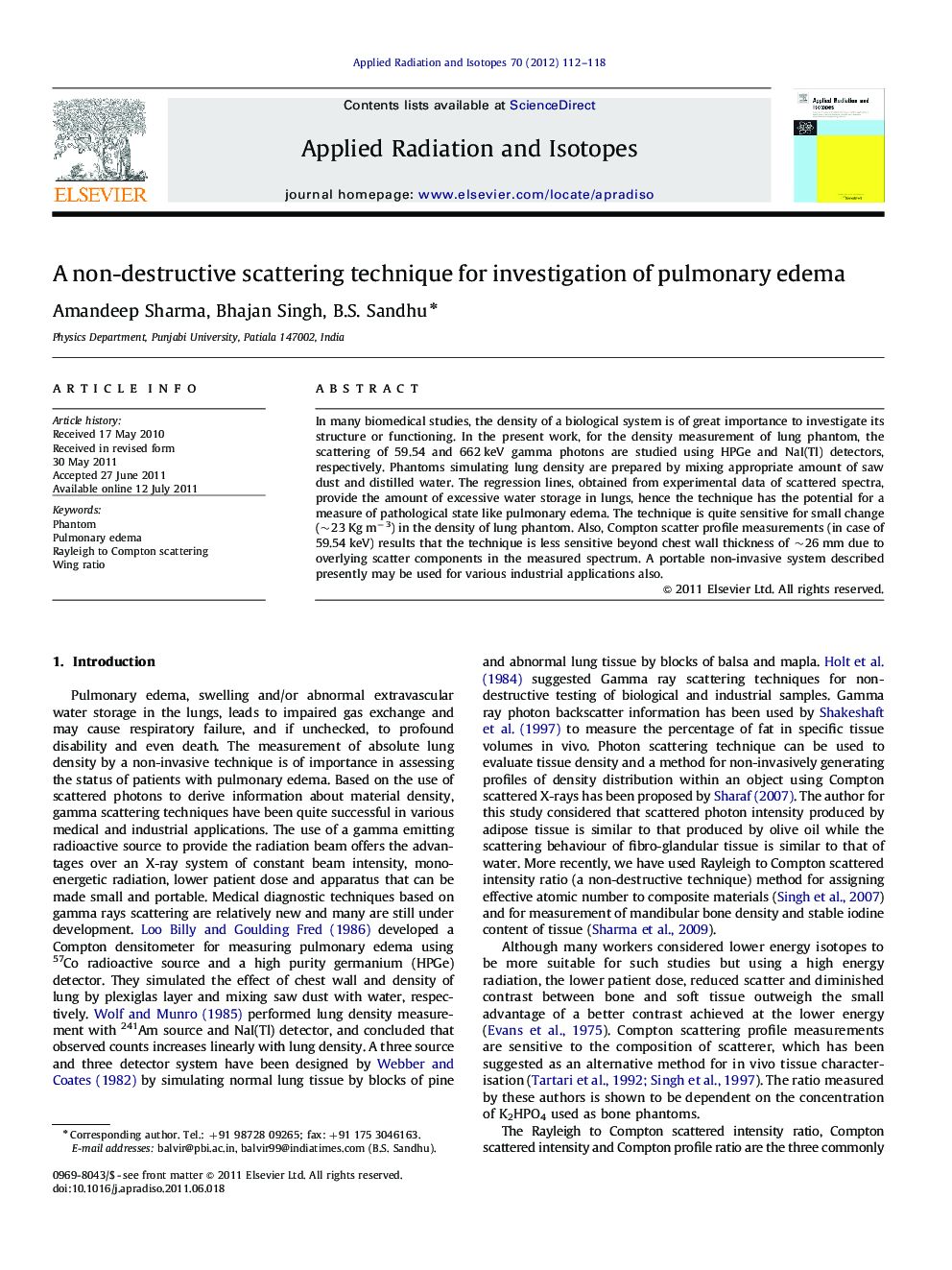 A non-destructive scattering technique for investigation of pulmonary edema