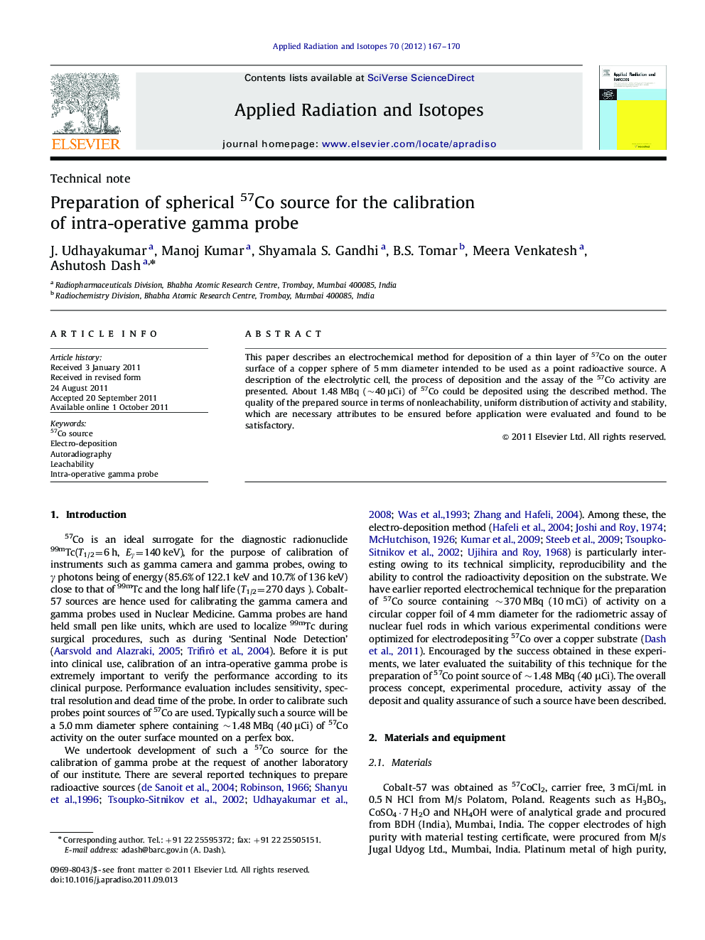 Preparation of spherical 57Co source for the calibration of intra-operative gamma probe