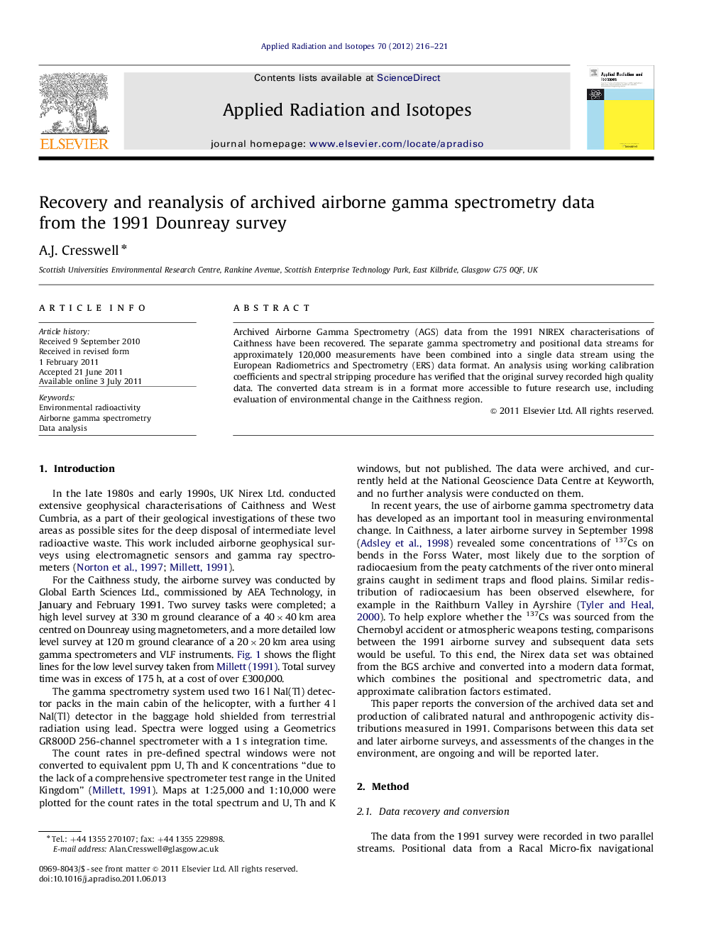 Recovery and reanalysis of archived airborne gamma spectrometry data from the 1991 Dounreay survey