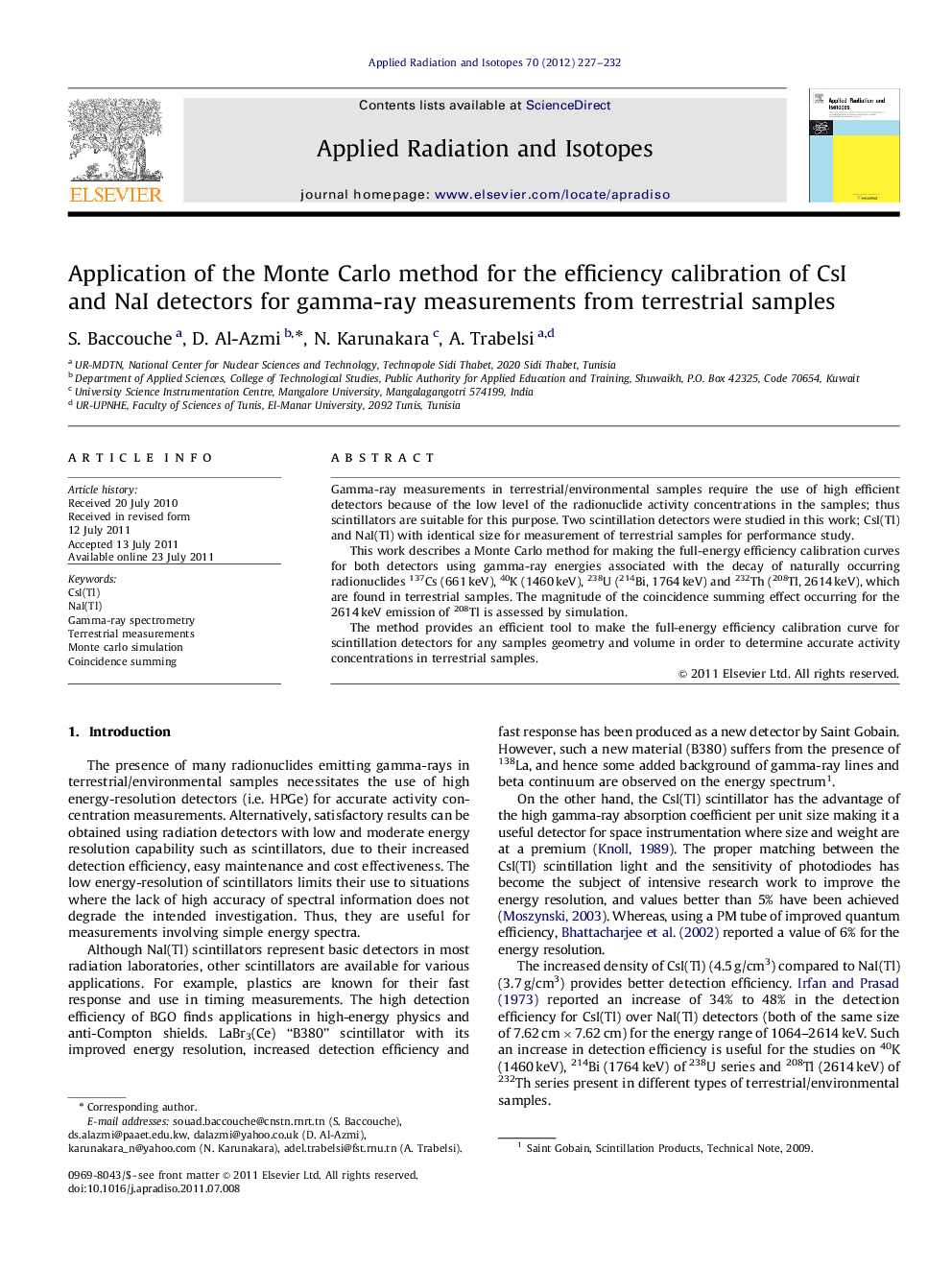 Application of the Monte Carlo method for the efficiency calibration of CsI and NaI detectors for gamma-ray measurements from terrestrial samples