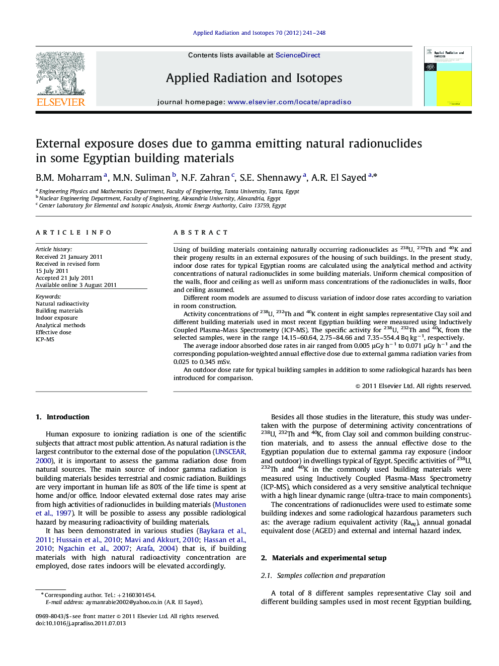 External exposure doses due to gamma emitting natural radionuclides in some Egyptian building materials