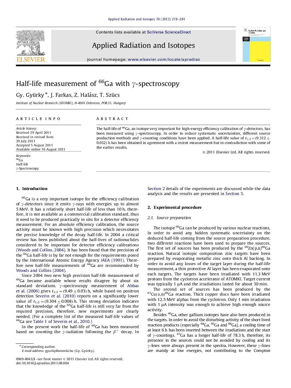 Half-life measurement of 66Ga with γ-spectroscopyγ-spectroscopy