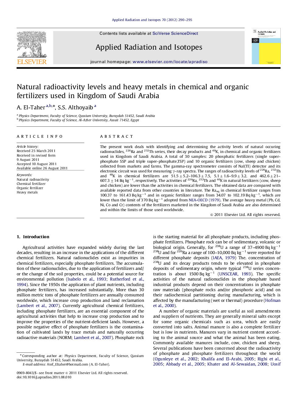 Natural radioactivity levels and heavy metals in chemical and organic fertilizers used in Kingdom of Saudi Arabia