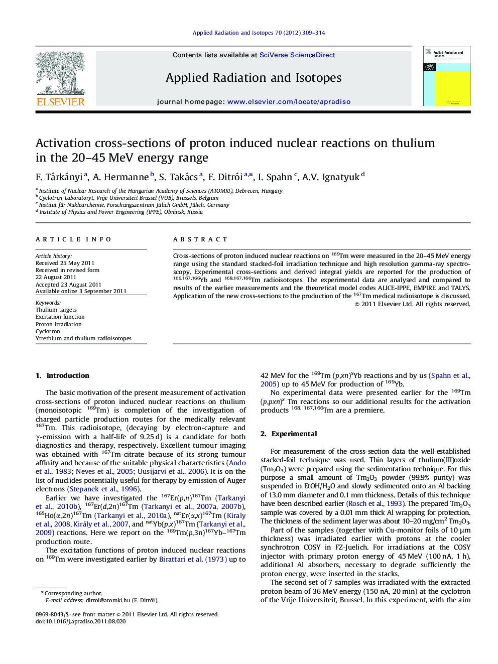 Activation cross-sections of proton induced nuclear reactions on thulium in the 20–45 MeV energy range