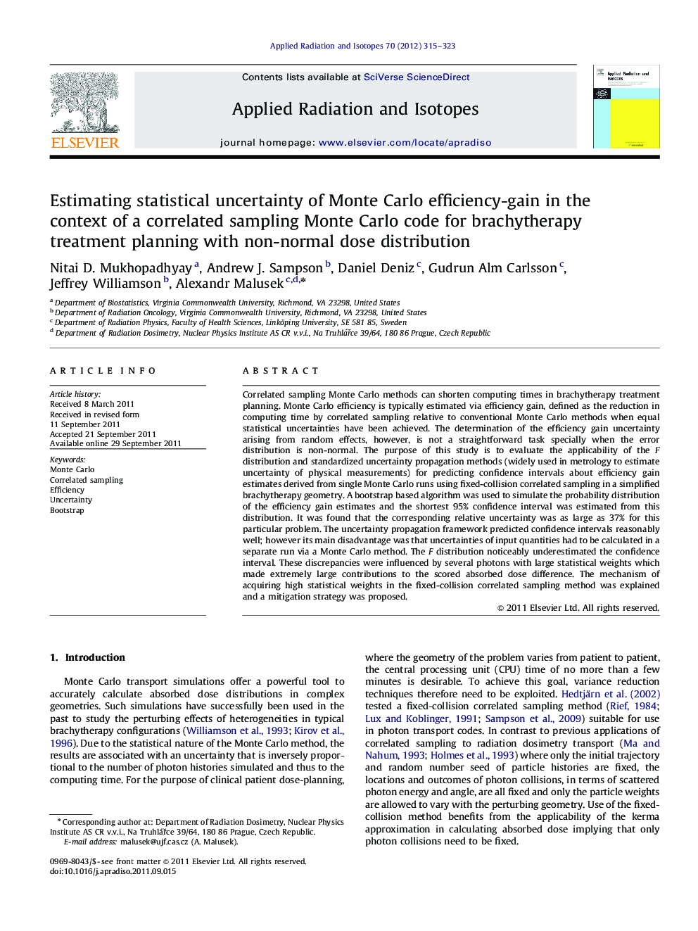 Estimating statistical uncertainty of Monte Carlo efficiency-gain in the context of a correlated sampling Monte Carlo code for brachytherapy treatment planning with non-normal dose distribution