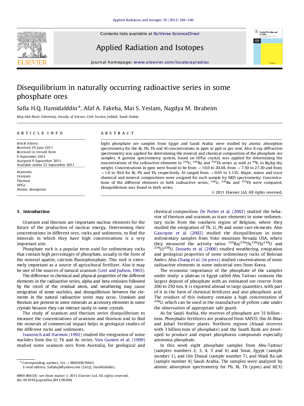 Disequilibrium in naturally occurring radioactive series in some phosphate ores